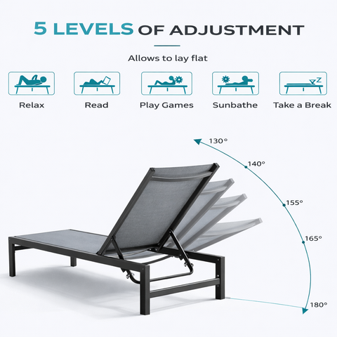 Kozyard adjustable outdoor chaise lounge - features 5 levels of adjustment (including flat 180° recline) for reading, relaxing & sunbathing, made with durable textilene fabric and sturdy aluminum frame.
