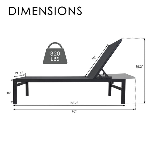Kozyard Adjustable Outdoor Chaise Lounge Dimensions: 320 lbs weight capacity, 76" L metal-frame lounge with reclining backrest; durable textilene fabric, sturdy metal construction ideal for outdoor patio, deck, or poolside seating.
