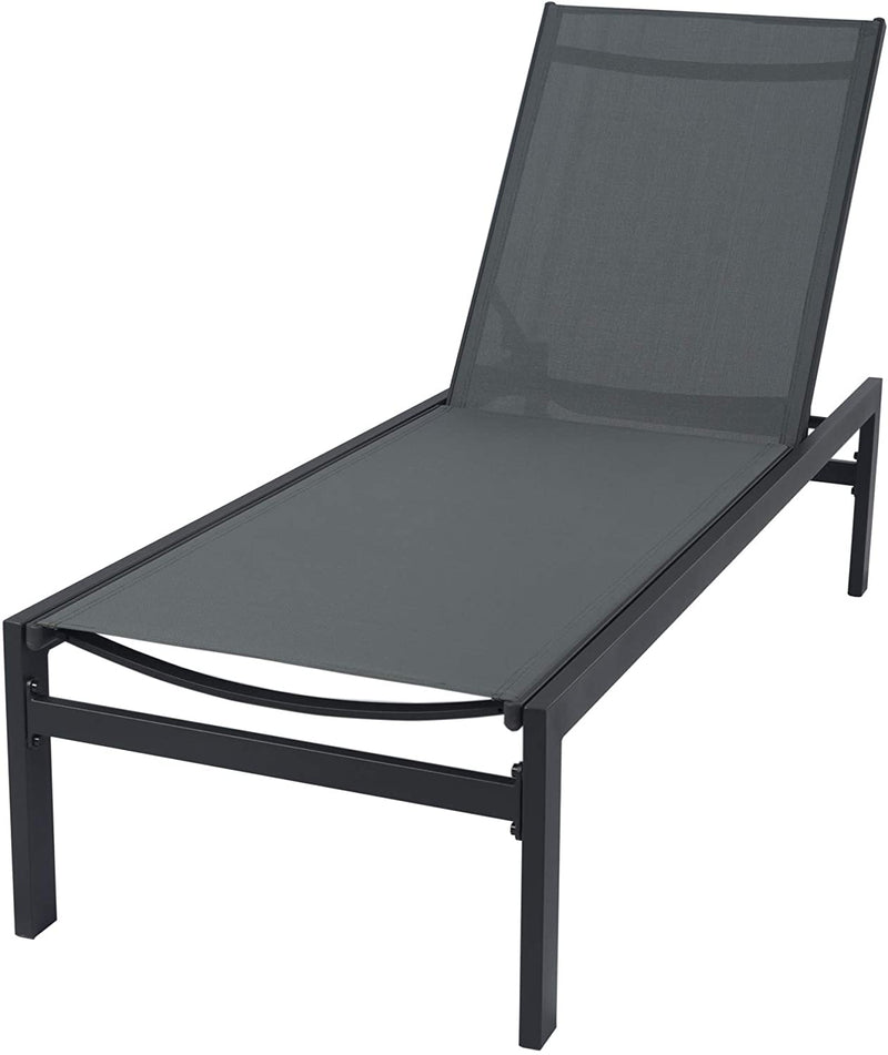 A gray outdoor lounge chair with a black metal frame. The chair features a reclining backrest and a sleek, minimalist design, suitable for relaxing outdoors. Gray Outdoor Lounge Chair: Sleek and Comfortable for Outdoor Relaxation. gray outdoor lounge chair, black - framed lounge chair, outdoor relaxation furniture, minimalist lounge chair.