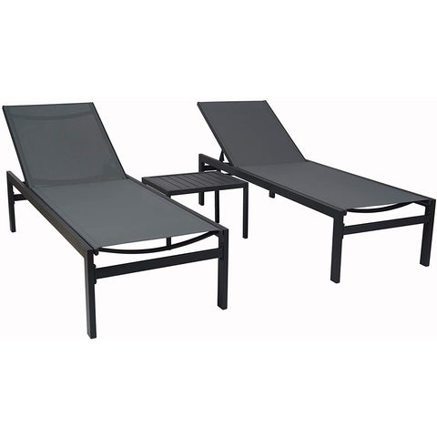 Two gray outdoor lounge chairs with black frames are accompanied by a small black side table. The chairs feature a simple and modern design, perfect for outdoor relaxation. Gray Outdoor Lounge Chair Set: Modern and Comfortable for Outdoor Relaxation. gray outdoor lounge chairs, black - framed lounge chairs, outdoor relaxation set, modern outdoor furniture, side table included.