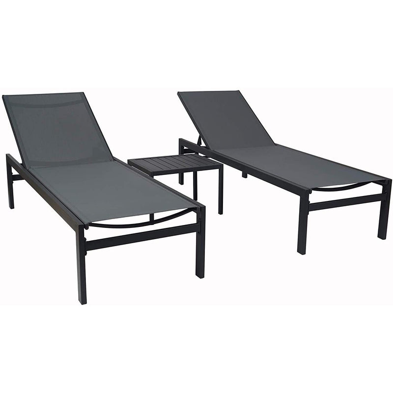Two gray outdoor lounge chairs with black frames are accompanied by a small black side table. The chairs feature a simple and modern design, perfect for outdoor relaxation. Gray Outdoor Lounge Chair Set: Modern and Comfortable for Outdoor Relaxation. gray outdoor lounge chairs, black - framed lounge chairs, outdoor relaxation set, modern outdoor furniture, side table included.