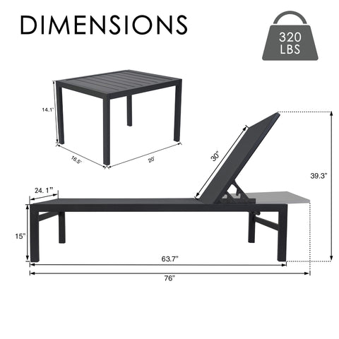 kozyard 3-Piece Outdoor Chaise Lounge Set, 76-Inch Recliner & Side Table, 320 LBS Weight Capacity, Adjustable Backrest, Textilene Fabric & Powder-Coated Aluminum Frame, Patio Furniture Dimensions Specs
