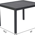 A black outdoor side table with slatted top design, measuring 20 inches in length, 16.5 inches in width, and 14.1 inches in height. It is a sturdy - looking piece, suitable to pair with gray outdoor lounge chairs. Black Outdoor Side Table: Perfect Companion for Gray Lounge Chairs. black outdoor side table, slatted top table, outdoor furniture, companion for lounge chairs, gray lounge chairs.