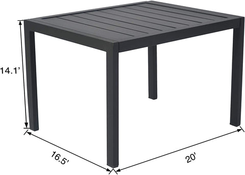 A black outdoor side table with slatted top design, measuring 20 inches in length, 16.5 inches in width, and 14.1 inches in height. It is a sturdy - looking piece, suitable to pair with gray outdoor lounge chairs. Black Outdoor Side Table: Perfect Companion for Gray Lounge Chairs. black outdoor side table, slatted top table, outdoor furniture, companion for lounge chairs, gray lounge chairs.