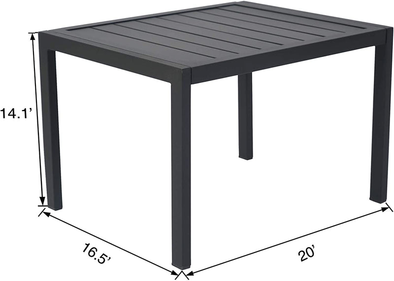 A black outdoor side table with slatted top design, measuring 20 inches in length, 16.5 inches in width, and 14.1 inches in height. It is a sturdy - looking piece, suitable to pair with gray outdoor lounge chairs. Black Outdoor Side Table: Perfect Companion for Gray Lounge Chairs. black outdoor side table, slatted top table, outdoor furniture, companion for lounge chairs, gray lounge chairs.