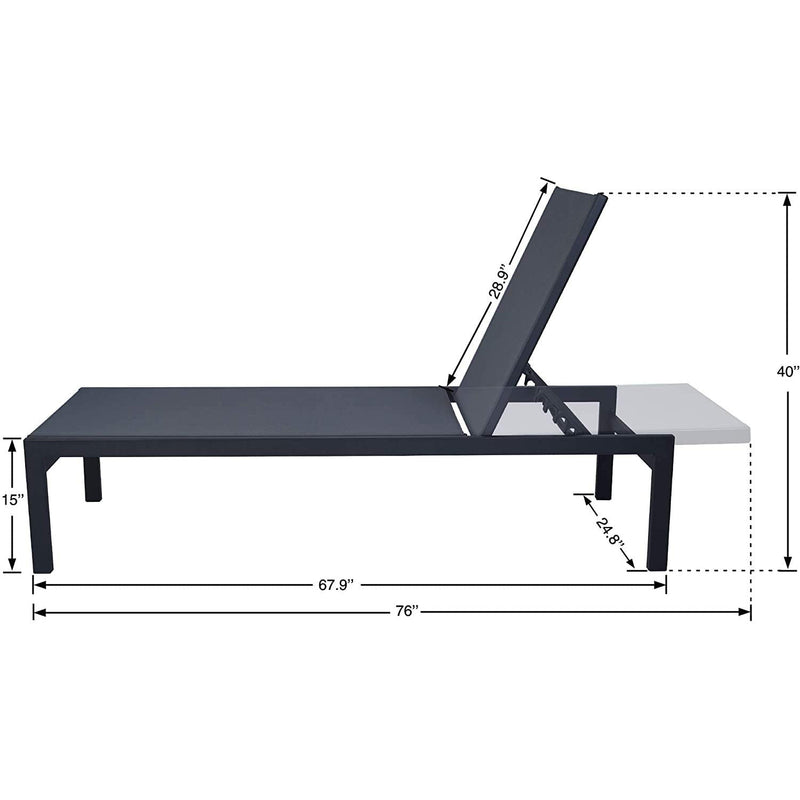 A gray outdoor lounge chair with a black frame is displayed with its dimensions. The measurements include a length of 76 inches, a width of 24.1 inches, a height of 15 inches at the lowest point and 39.3 inches at the highest point when the backrest is raised. The backrest itself measures 30 inches. gray outdoor lounge chair, lounge chair dimensions, black-framed lounge chair, outdoor relaxation furniture.

