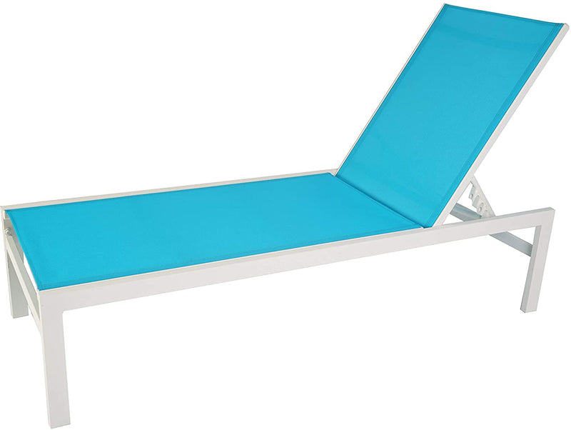 A vibrant blue - cushioned outdoor lounge chair with a white frame. The chair features an adjustable backrest, ideal for relaxing outdoors.Blue - Cushioned Outdoor Lounge Chair with White Frame for Relaxation. outdoor lounge chair, blue cushion, white frame, adjustable backrest, outdoor relaxation.