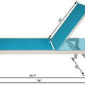 An outdoor lounge chair with a vibrant blue fabric seat and backrest, mounted on a white frame. The image includes detailed measurements: the length of the chair is 76 inches, the height at the highest point of the backrest is 39.3 inches, and the height of the seat from the ground is 15 inches. The backrest itself measures 30 inches. Blue - Seated Outdoor Lounge Chair with White Frame and Dimensions.outdoor lounge chair, blue seat, white frame, lounge chair dimensions, patio furniture