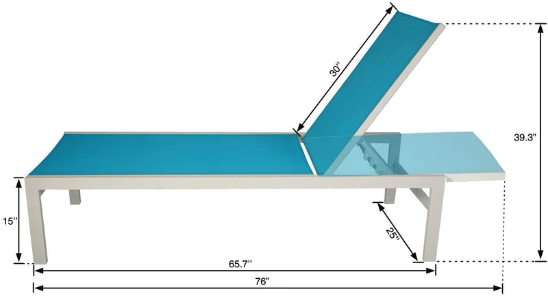 An outdoor lounge chair with a vibrant blue fabric seat and backrest, mounted on a white frame. The image includes detailed measurements: the length of the chair is 76 inches, the height at the highest point of the backrest is 39.3 inches, and the height of the seat from the ground is 15 inches. The backrest itself measures 30 inches. Blue - Seated Outdoor Lounge Chair with White Frame and Dimensions.outdoor lounge chair, blue seat, white frame, lounge chair dimensions, patio furniture