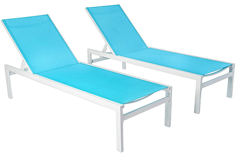Two outdoor lounge chairs featuring bright blue fabric on white metal frames. The chairs are designed for relaxation, with adjustable backrests, perfect for poolside or patio use. Blue Outdoor Lounge Chairs: Relax in Style Outdoors. blue outdoor lounge chairs, white - framed lounge chairs, adjustable backrests, outdoor relaxation furniture.