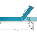 An outdoor lounge chair with a vibrant blue fabric seat and backrest, mounted on a white frame. The image includes detailed measurements: the length of the chair is 76 inches, the height at the highest point of the backrest is 39.3 inches, and the height of the seat from the ground is 15 inches. The backrest itself measures 30 inches. Blue - Seated Outdoor Lounge Chair with White Frame and Dimensions.outdoor lounge chair, blue seat, white frame, lounge chair dimensions, patio furniture