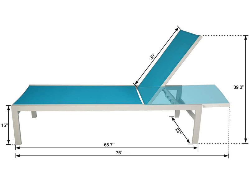 An outdoor lounge chair with a vibrant blue fabric seat and backrest, mounted on a white frame. The image includes detailed measurements: the length of the chair is 76 inches, the height at the highest point of the backrest is 39.3 inches, and the height of the seat from the ground is 15 inches. The backrest itself measures 30 inches. Blue - Seated Outdoor Lounge Chair with White Frame and Dimensions.outdoor lounge chair, blue seat, white frame, lounge chair dimensions, patio furniture