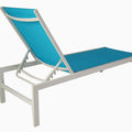 A blue - cushioned outdoor lounge chair with a white metal frame. The chair features an adjustable backrest, allowing for multiple reclining positions, making it ideal for relaxation by the pool or on the patio. Blue Outdoor Lounge Chair with Adjustable Backrest for Relaxation. blue outdoor lounge chair, adjustable backrest, white - framed lounge chair, outdoor relaxation furniture.