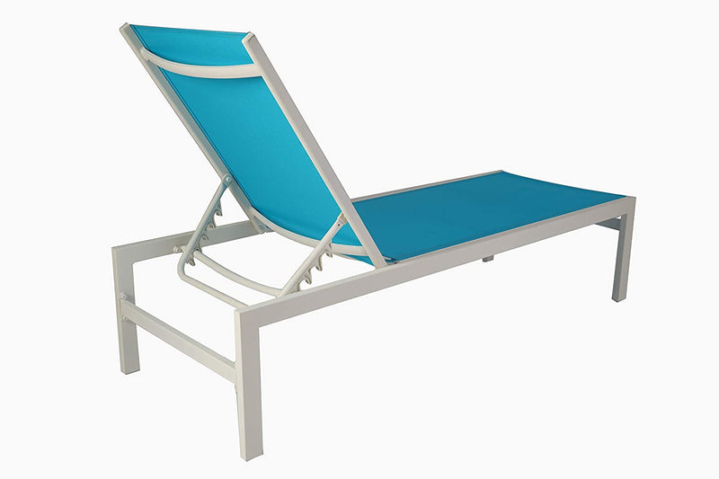 A blue - cushioned outdoor lounge chair with a white metal frame. The chair features an adjustable backrest, allowing for multiple reclining positions, making it ideal for relaxation by the pool or on the patio. Blue Outdoor Lounge Chair with Adjustable Backrest for Relaxation. blue outdoor lounge chair, adjustable backrest, white - framed lounge chair, outdoor relaxation furniture.