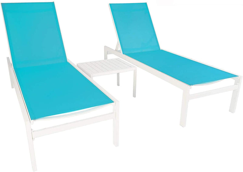 A set of two outdoor lounge chairs with vibrant blue fabric resting on white frames, accompanied by a small white side table. Ideal for relaxation in a patio or poolside setting. Blue Outdoor Lounge Chair Set with Side Table for Relaxing Outdoors. blue outdoor lounge chairs, white - framed lounge chairs, outdoor side table, patio relaxation set, poolside furniture.