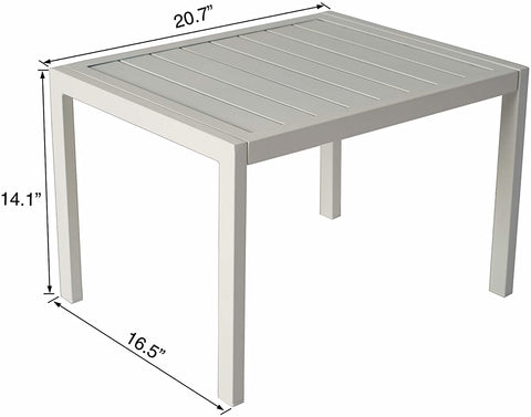 A light gray outdoor side table with slatted top. Dimensions are provided: 20.7 inches in length, 16.5 inches in width, and 14.1 inches in height. It has a simple and sturdy design, suitable for outdoor use.Light Gray Outdoor Side Table with Dimensions. light gray outdoor side table, slatted top table, outdoor furniture, side table dimensions. 