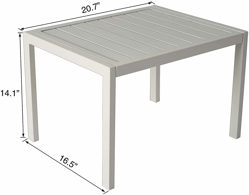 A light gray outdoor side table with slatted top. Dimensions are provided: 20.7 inches in length, 16.5 inches in width, and 14.1 inches in height. It has a simple and sturdy design, suitable for outdoor use.Light Gray Outdoor Side Table with Dimensions. light gray outdoor side table, slatted top table, outdoor furniture, side table dimensions. 