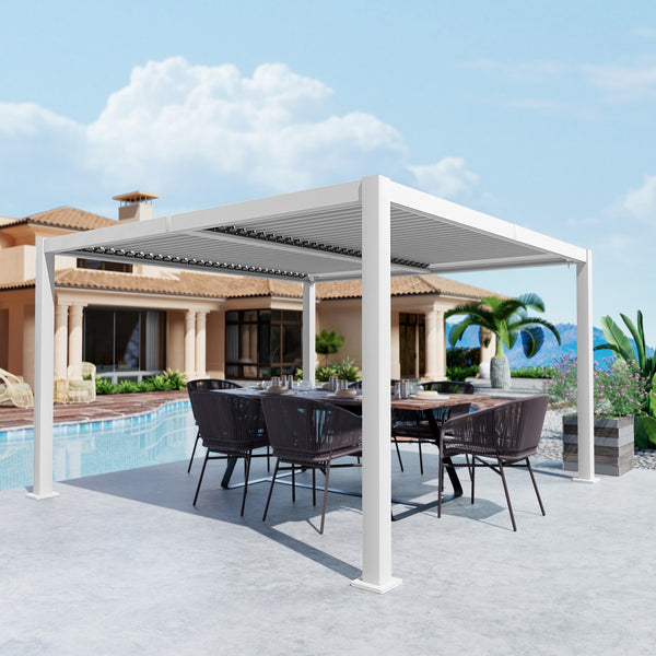 A modern louvered pergola in white stands over an outdoor dining area, featuring wicker chairs around a table. Set against the backdrop of a luxurious house with a swimming pool, lush greenery, and a scenic view of mountains and blue sky, it offers a stylish shaded spot for relaxation and dining. White Louvered Pergola for Outdoor Luxury Living. louvered pergola, outdoor dining, white pergola, luxury outdoor living, poolside relaxation.