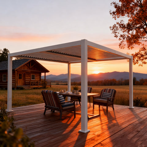 Kozyard Louvred Pergola - Outdoor Dining Shade: Aluminum-frame structure covers patio dining/fire pit areas; durable, stylish for residential backyard living spaces.
