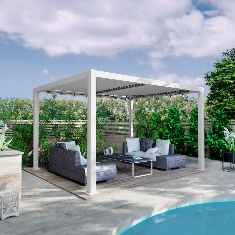 A modern white louvered pergola creates a stylish outdoor living space. It shelters contemporary grey wicker sofas with white cushions and a sleek coffee table. String lights add charm, set against a backdrop of lush greenery and near a pool. White Louvered Pergola: Outdoor Relaxation Haven. louvered pergola, outdoor lounge, white pergola, wicker furniture, poolside area.