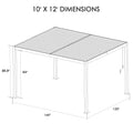 Technical drawing of a louvered pergola with dimensions clearly marked. It measures 10 feet by 12 feet, with height details of 88.8 inches at the highest point and 84 inches under the structure, providing precise information for installation and space planning. Louvered Pergola: 10' X 12' Dimensions Illustration. louvered pergola, pergola dimensions, 10x12 pergola, technical drawing.