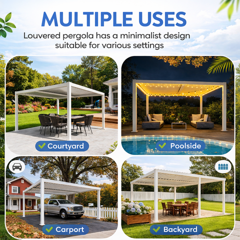 Kozyard Louvered Pergola: Weather-resistant (aluminum/plastic) outdoor pergola with minimalist design—multi-use for courtyard dining areas, poolside lounges, residential carports, and backyard seating; ideal for enhancing various outdoor living settings.
