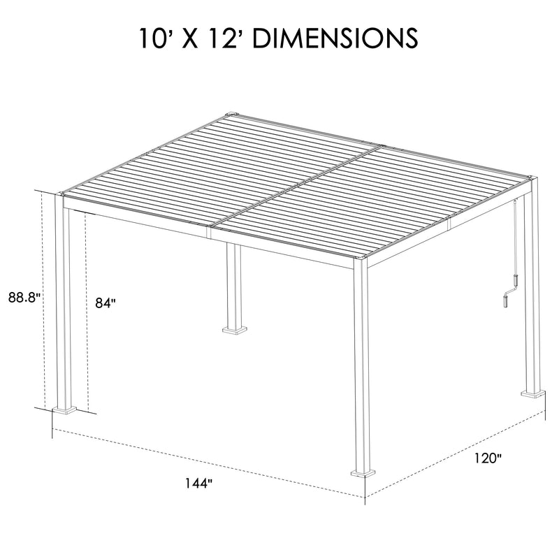 Technical drawing of a louvered pergola with dimensions clearly marked. It measures 10 feet by 12 feet, with height details of 88.8 inches at the highest point and 84 inches under the structure, providing precise information for installation and space planning. Louvered Pergola: 10' X 12' Dimensions Illustration. louvered pergola, pergola dimensions, 10x12 pergola, technical drawing.