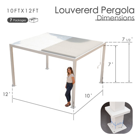 Kozyard 10x12 Louvered Pergola - 10'x12' Outdoor Shade Structure: 7 packages, 7'-7.5' height, 4x4 thick aluminum columns (≥1.30mm) for durable patio, deck or backyard coverage.
