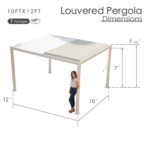 Kozyard 10x12 Louvered Pergola - 10'x12' Extra-Large Outdoor Shade: 8 packages, 7'-7.5' height, 4x4 thick aluminum columns (≥1.30mm) for large, durable patio, deck or backyard living spaces.
