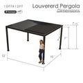 Kozyard 10ft x 12ft louvered pergola, dimension diagram showing 7ft height and 7.5ft roof overhang, all-aluminum frame, comes in 7 packages for easy assembly
