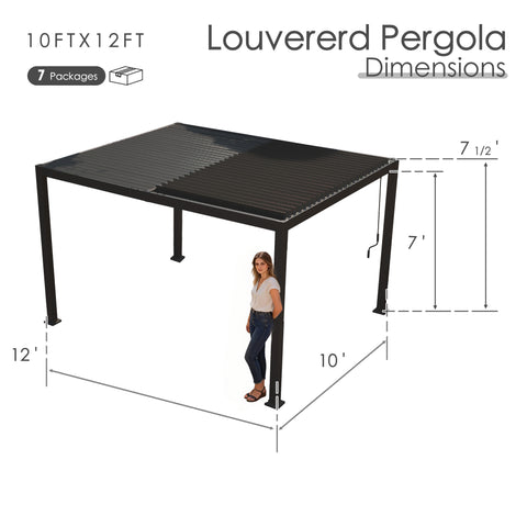 Kozyard 10ft x 12ft louvered pergola, dimension diagram showing 7ft height and 7.5ft roof overhang, all-aluminum frame, comes in 7 packages for easy assembly
