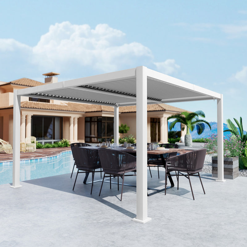 A modern louvered pergola in white stands over an outdoor dining area, featuring wicker chairs around a table. Set against the backdrop of a luxurious house with a swimming pool, lush greenery, and a scenic view of mountains and blue sky, it offers a stylish shaded spot for relaxation and dining. White Louvered Pergola for Outdoor Luxury Living. louvered pergola, outdoor dining, white pergola, luxury outdoor living, poolside relaxation.