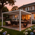 Kozyard Louvred Pergola - Aluminum Patio Shade: Modern white louvered structure for backyard/deck dining; durable aluminum frame for long-lasting outdoor aesthetic.
