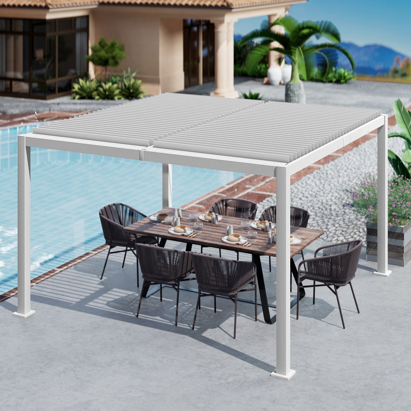 A modern white louvered pergola provides shade over an outdoor dining area beside a swimming pool. The setup includes a wooden dining table with wicker chairs, set against the backdrop of a luxurious house and lush greenery. White Louvered Pergola for Poolside Dining. louvered pergola, poolside, outdoor dining, white pergola, wicker chairs.