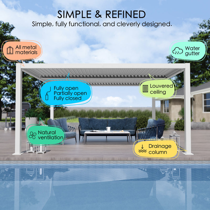 A louvered pergola designed with simplicity and functionality in mind. Made of all - metal materials, it features a louvered ceiling that can be fully open, partially open, or fully closed. It offers natural ventilation, has a water gutter and drainage column, ensuring a refined outdoor living experience.Louvered Pergola: Simple & Functional Outdoor Design. louvered pergola, all - metal materials, adjustable louvered ceiling, natural ventilation, water gutter.