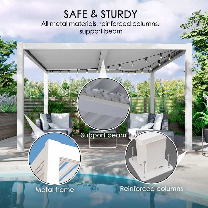 This image showcases a louvered pergola emphasizing its safety and sturdiness. Made of all - metal materials, it features reinforced columns and a support beam. Close - up views highlight the metal frame, support beam details, and the robust base of the reinforced columns.Louvered Pergola: Safe & Sturdy Outdoor Structure. louvered pergola, all - metal materials, reinforced columns, support beam, outdoor structure.