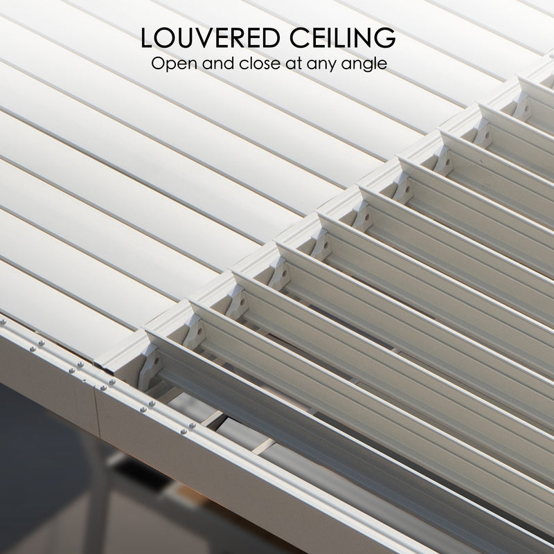 Close - up view of a louvered pergola ceiling. The white - colored louvers can be adjusted to open and close at any angle, providing flexibility in controlling sunlight and ventilation.Louvered Pergola Ceiling: Adjustable Louvers for Flexibility. louvered pergola, adjustable louvers, ceiling, sunlight control, ventilation.
