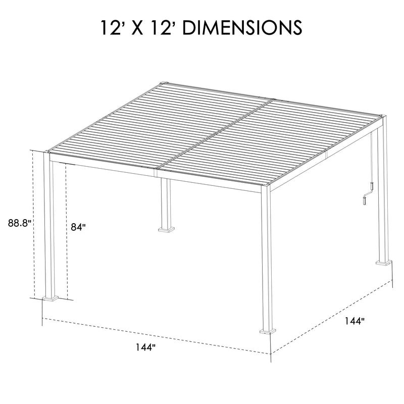 Technical drawing of a 12' x 12' louvered pergola with clear dimensions marked. The height is indicated as 88.8 inches at the highest point and 84 inches under the structure, providing precise measurements for planning and installation.Louvered Pergola: 12' X 12' Dimensions Illustration. louvered pergola, 12x12 pergola, pergola dimensions, technical drawing.
