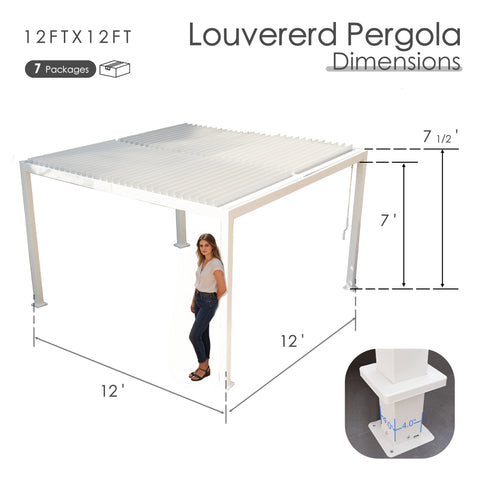 Kozyard 12x12 Louvered Pergola - 12'x12' Outdoor Patio Shade: 7 packages, 7'-7.5' height, sturdy 4x4 aluminum columns (≥1.30mm thick) for long-lasting backyard or outdoor living spaces.
