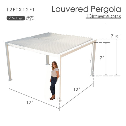Kozyard 12x12 Louvered Pergola - 12'x12' Extra-Large Outdoor Shade: 8 packages, 7'-7.5' height, 4x4 thick aluminum columns (≥1.30mm) for large, durable patio, deck or backyard living spaces.
