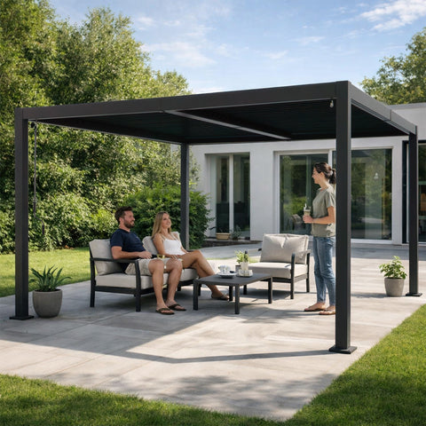 Kozyard adjustable louvered pergola, outdoor patio shelter for gatherings, durable aluminum frame, provides customizable shade and weather protection for socializing
