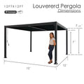 Kozyard 10ft x 12ft louvered pergola, dimension diagram showing 7ft height and 7.5ft roof overhang, all-aluminum frame, comes in 7 packages for easy assembly
