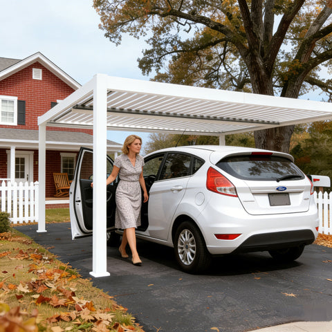 Kozyard Louvred Pergola (Carport): Aluminum-frame structure protects vehicles from elements while serving as stylish driveway/outdoor shade.
