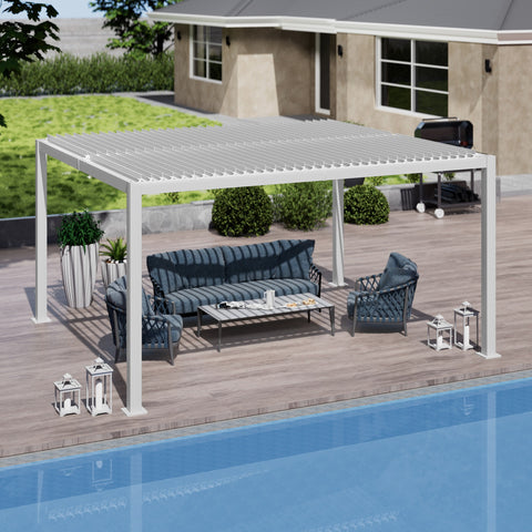 A contemporary white louvered pergola provides shade over an outdoor seating area by the pool. The setup includes a dark blue sofa, matching armchairs, a coffee table, decorative lanterns, and potted plants, creating a stylish and inviting outdoor relaxation spot. White Louvered Pergola for Poolside Relaxation. louvered pergola, poolside, outdoor seating, white pergola, relaxation area.