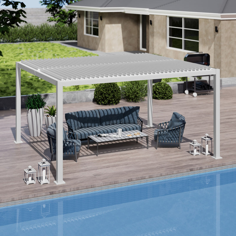 A contemporary white louvered pergola provides shade over an outdoor seating area by the pool. The setup includes a dark blue sofa, matching armchairs, a coffee table, decorative lanterns, and potted plants, creating a stylish and inviting outdoor relaxation spot. White Louvered Pergola for Poolside Relaxation. louvered pergola, poolside, outdoor seating, white pergola, relaxation area.