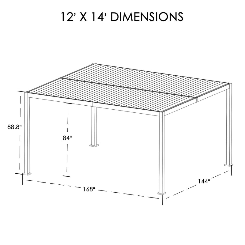 Technical drawing of a louvered pergola with dimensions clearly marked. It showcases a 12' x 14' pergola with height details of 88.8 inches at the highest point and 84 inches under the structure, ideal for accurate planning and installation. Louvered Pergola: 12' X 14' Dimensions Illustration. louvered pergola, 12x14 pergola, pergola dimensions, technical drawing.