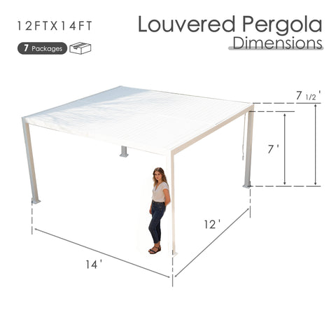 Kozyard 12x14 Louvered Pergola - 12'x14' Extra-Large Outdoor Shade: 8 packages, 7'-7.5' height, 4x4 thick aluminum columns (≥1.30mm) for large, durable patio, deck or backyard living spaces.
