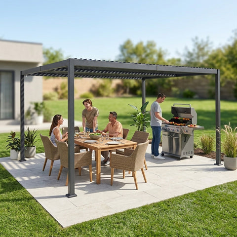 kozyard louvered pergola, adjustable outdoor patio shade, all aluminum construction, weatherproof pergola for backyard entertaining, outdoor grill station shelter, sturdy patio gazebo for deck, garden, outdoor living space
