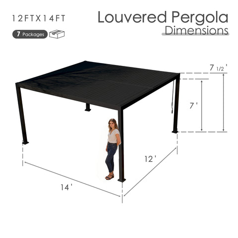 Kozyard 12x14 Louvered Pergola - 12'x14' Extra-Large Outdoor Shade: 8 packages, 7'-7.5' height, 4x4 thick aluminum columns (≥1.30mm) for large, durable patio, deck or backyard living spaces.
