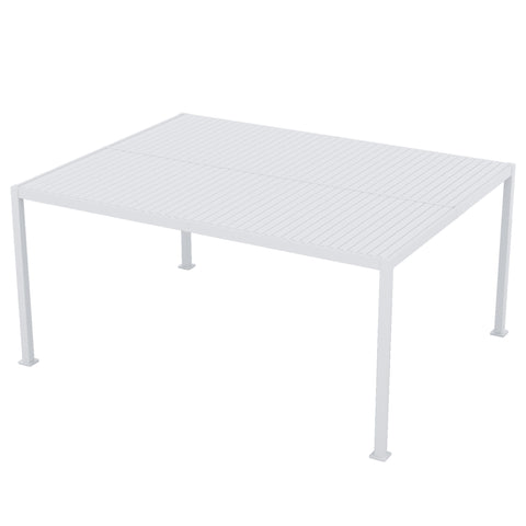 A minimalist white louvered pergola with a sleek design. It features a flat, louvered roof supported by sturdy white columns, providing a modern and functional outdoor structure. White Louvered Pergola: Modern Outdoor Structure. louvered pergola, white pergola, modern outdoor design, outdoor structure.